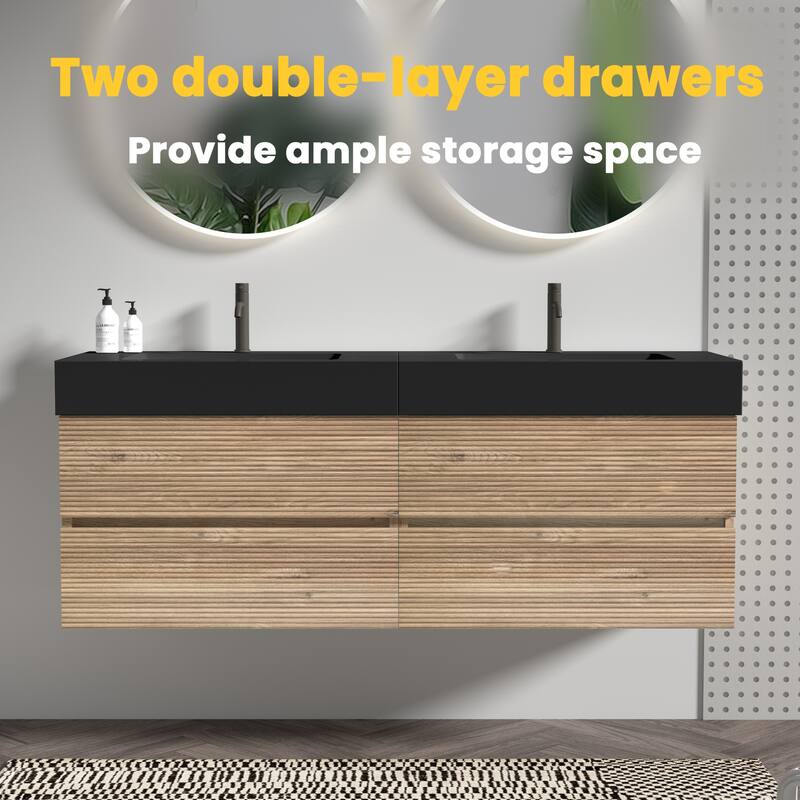 GDFStudio - Grace Wall-Mounted Bathroom Vanity with Engineered Quartz Sink & Soft Close Drawers, without Drainage and Faucet