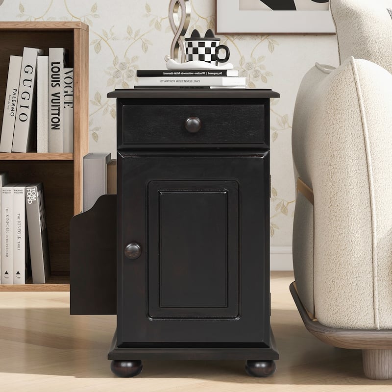 End Table Flip Top Side Table with USB Ports, One Multifunctional Drawer with cup holders, Sofa Couch Table with Bookshelf - Black
