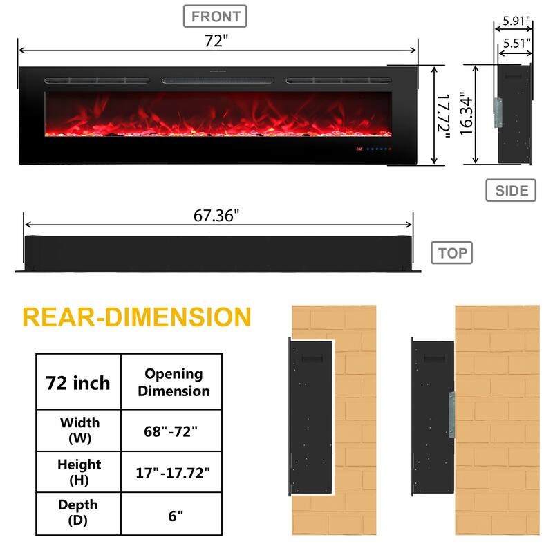 72" Recessed Wall Mounted Electric Fireplace with Remote and Timer, 13 Adjustable Flame Color