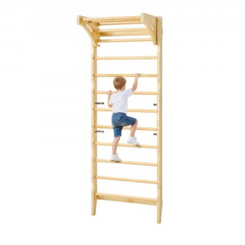 2 in 1 Wooden Wall Gym Climbing Playset with Adjustable Pull Up Bar and Swedish Ladder for Kids Indoor Playground