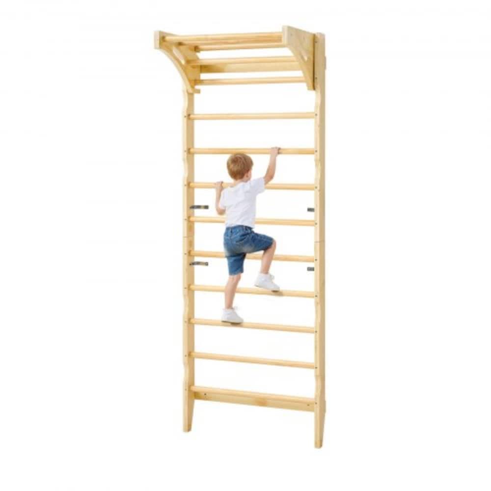 2 in 1 Wooden Wall Gym Climbing Playset with Adjustable Pull Up Bar and Swedish Ladder for Kids Indoor Playground