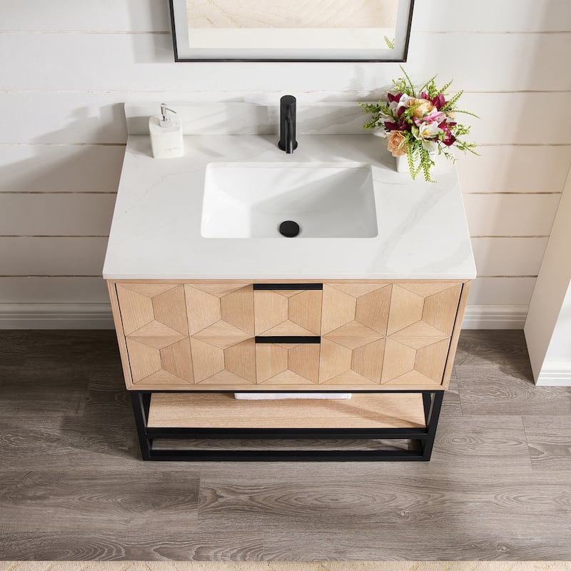Milagro Bath Vanity with White Quartz Stone Top and Mirror