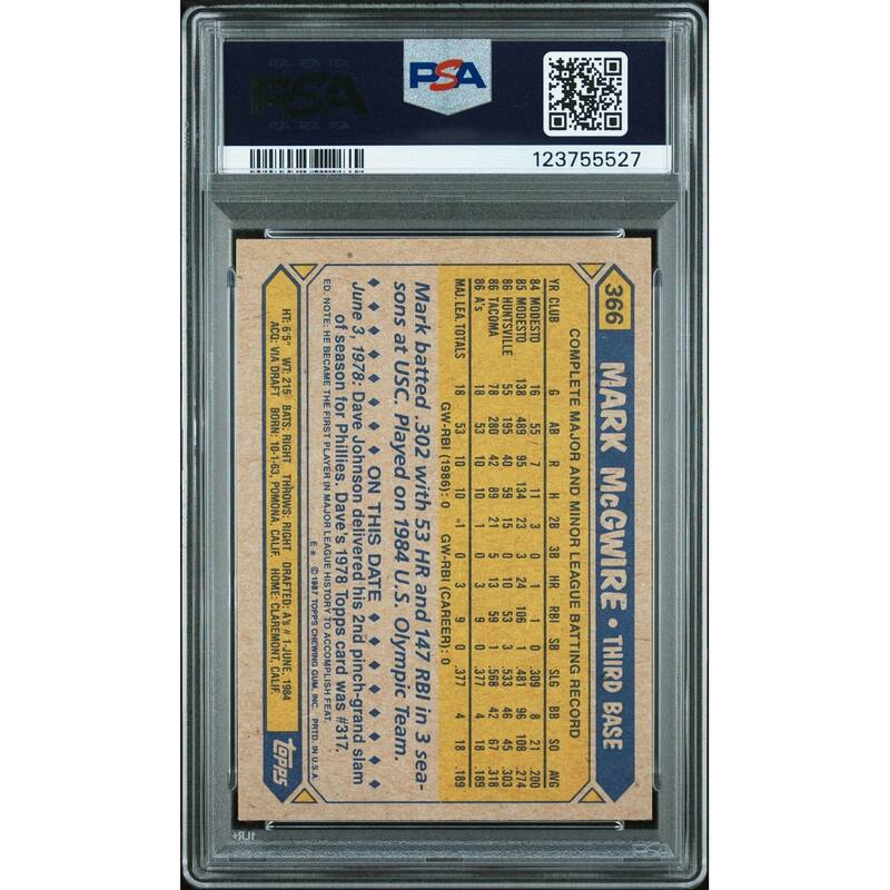 Mark McGwire 1987 Topps Signed Baseball Rookie Card #366 Graded PSA 7 Auto 10 Cert # 123755527 - 8' x 11'