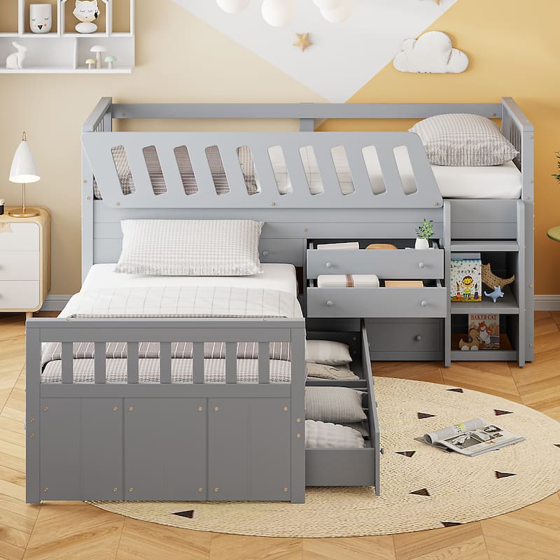 L-shaped Space-Saving Twin Loft and Twin Platform Bed with 7 Drawers and Full Guardrails