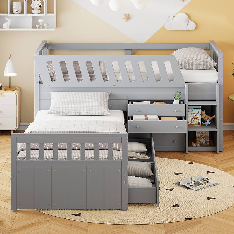 Twin Size Solid Wood L-shaped Loft Bed and Twin Platform Bed with 7 Drawers and Full Guardrails