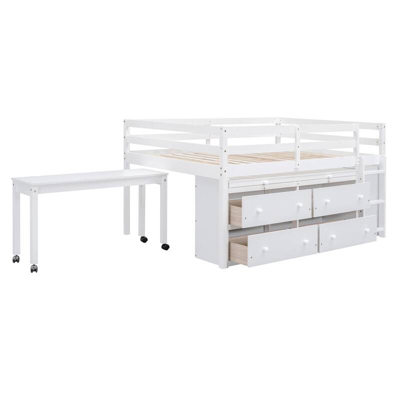 Full Size Loft Bed with Retractable Desk and Storage Drawers, White