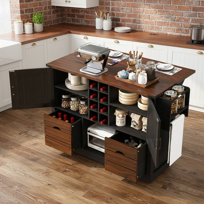 Roomfitters 54" Farmhouse Kitchen Island with Drop Leaf, Power Outlet, Wine Rack, 2 Drawers, 2 Doors