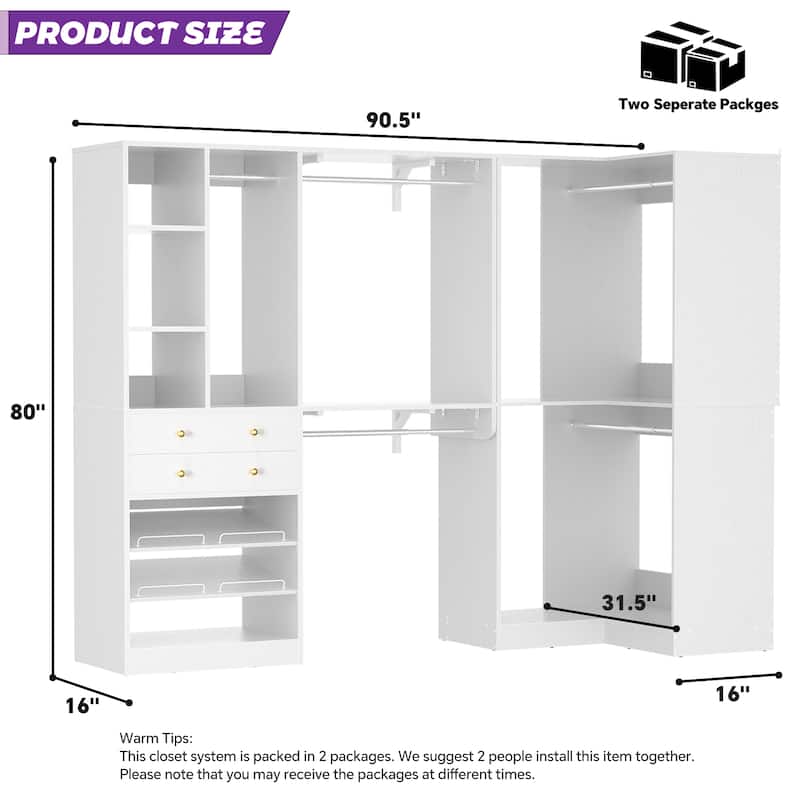 Rackcog Freestanding Corner Closet System Set, Closet Organizer with Hanging Rods and Drawers
