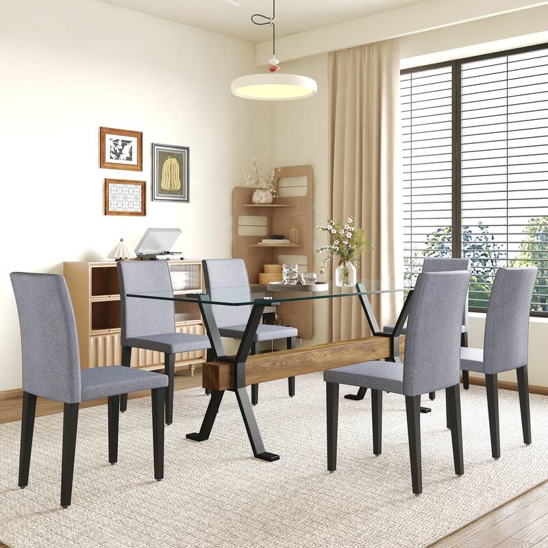 79" Glass Dining Table Set for 6, Modern Tempered Glass Table with 6 Upholstered Chairs, Kitchen Table and Chairs for 6