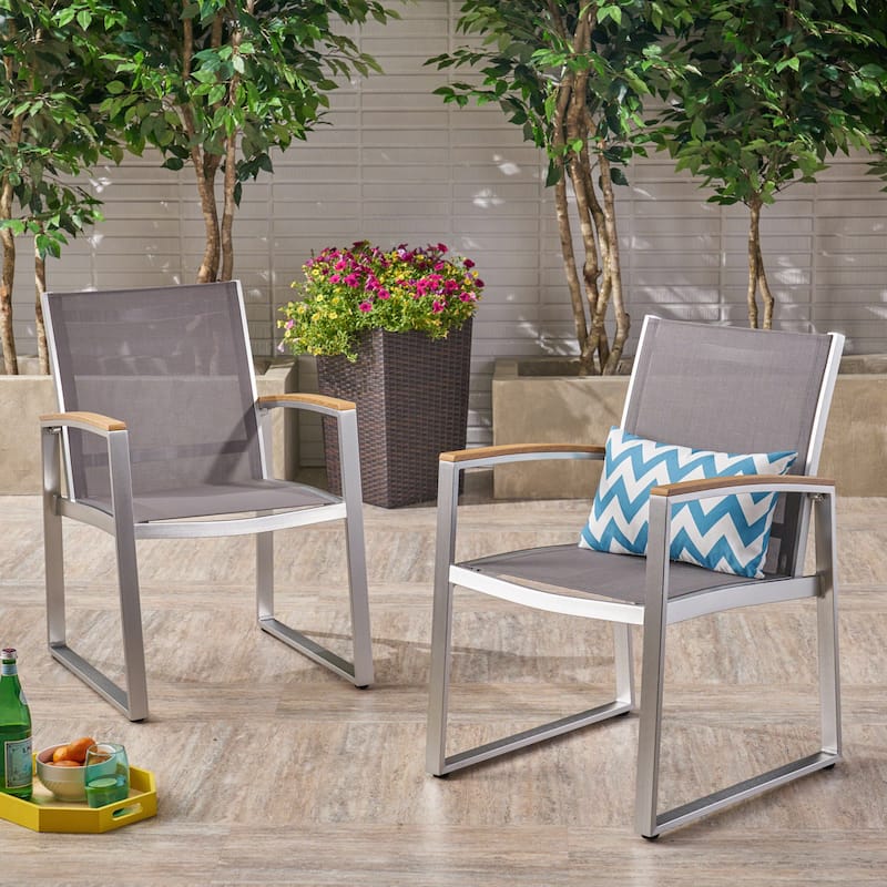 Glasgow Outdoor Dining Chairs with Aluminum Frame (Set of 2) by Christopher Knight Home - Gray Outdoor Mesh + Silver Frame