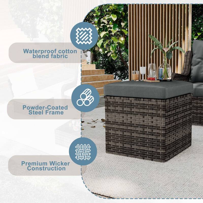 Outdoor Patio PE Wicker Ottoman with Cushion