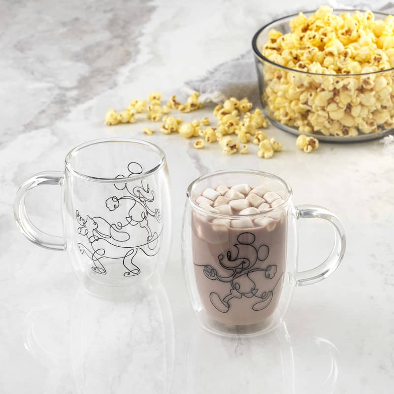 JoyJolt Disney Mickey and Pluto Glass Coffee Mugs - Set of 2 - 13.5 oz