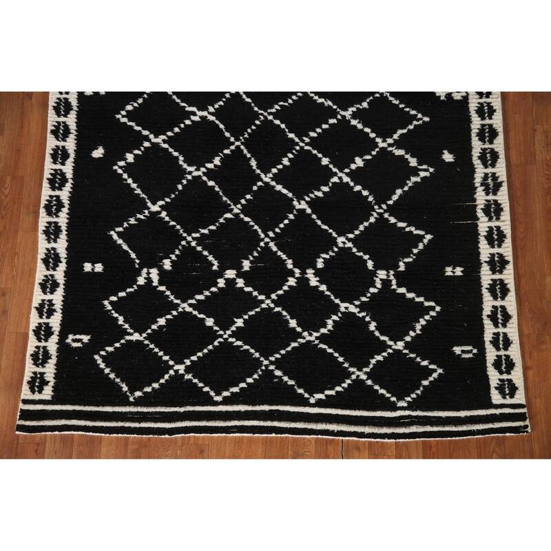 Black Plush Moroccan Indian Area Rug Hand-Knotted Wool Carpet - 5'2"x 8'1"