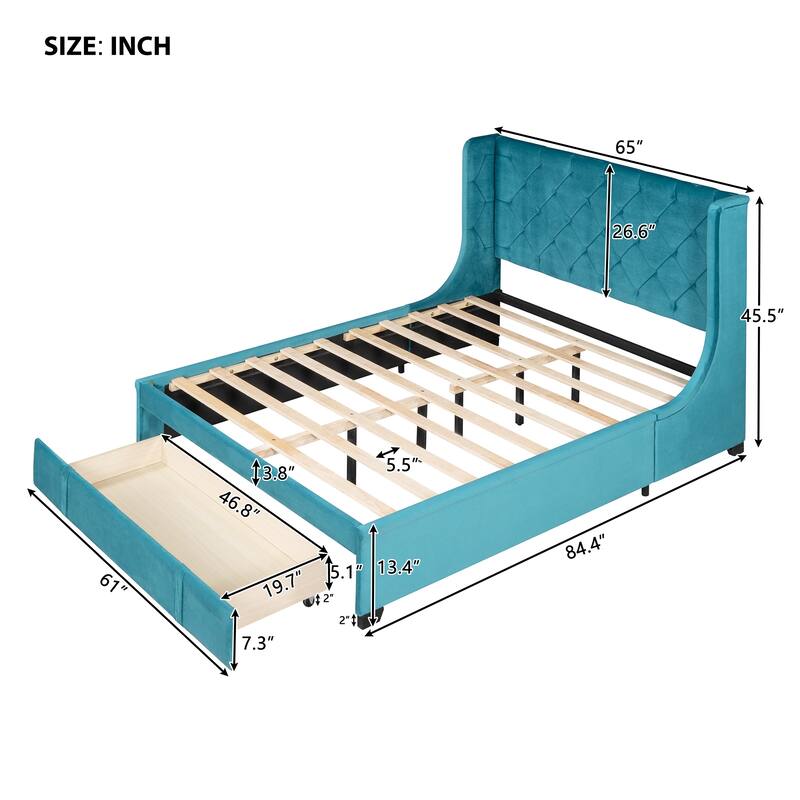 Velvet Upholstered Bed Platform Bed Frame Queen Size Wingback Bed with Tufted Headboard and Large Storage Drawer
