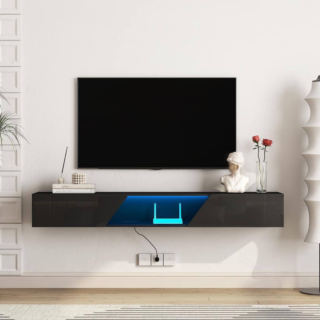 Floating TV Stand Wall Mounted with 16 Color LEDs, 69" Modern TV Stand with Cable Management & Open Storage Compartment
