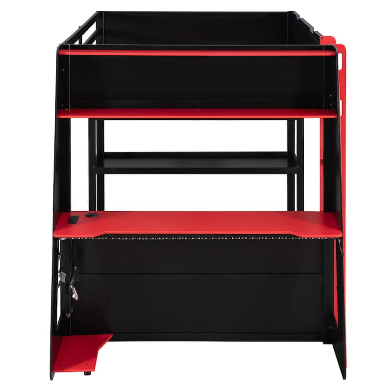 Full Size Gaming Loft Bed Station with Desk, Storage Shelves & RGB LED Lights