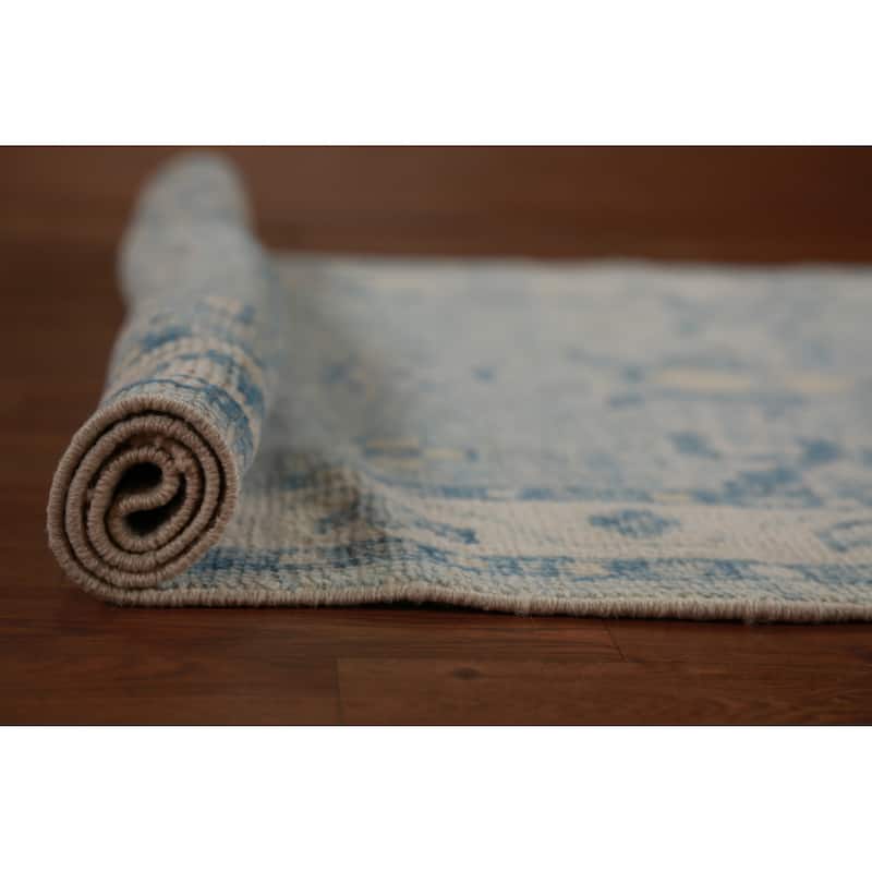Hand Knotted Oriental 100% Wool Carpet Transitional Geometric Navy Blue & Blues Oushak Runner Rug - 14' 3'' X 2' 11''