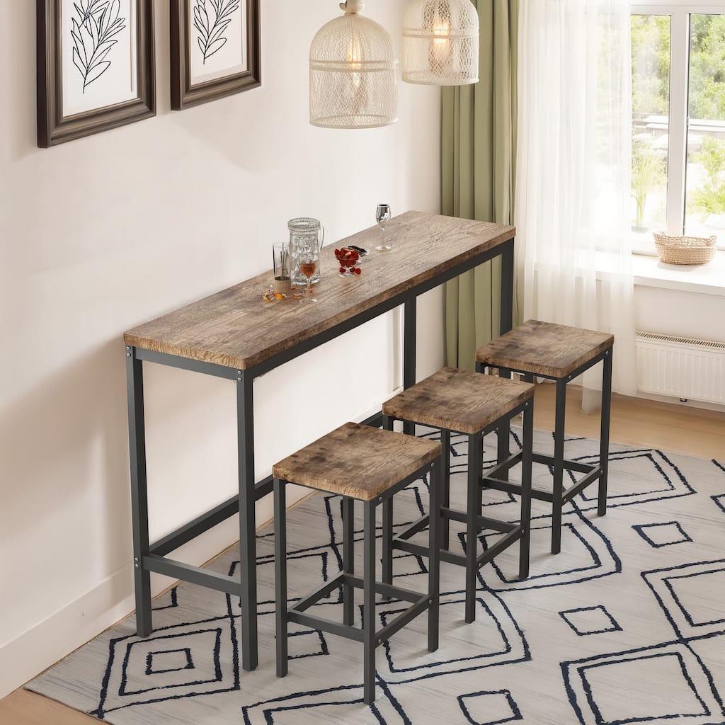 4-Piece Counter Height Dining Table Set with Metal Frame Table & 3 Stools with Footrest for Kitchen, Space-Saving Pub Table Set