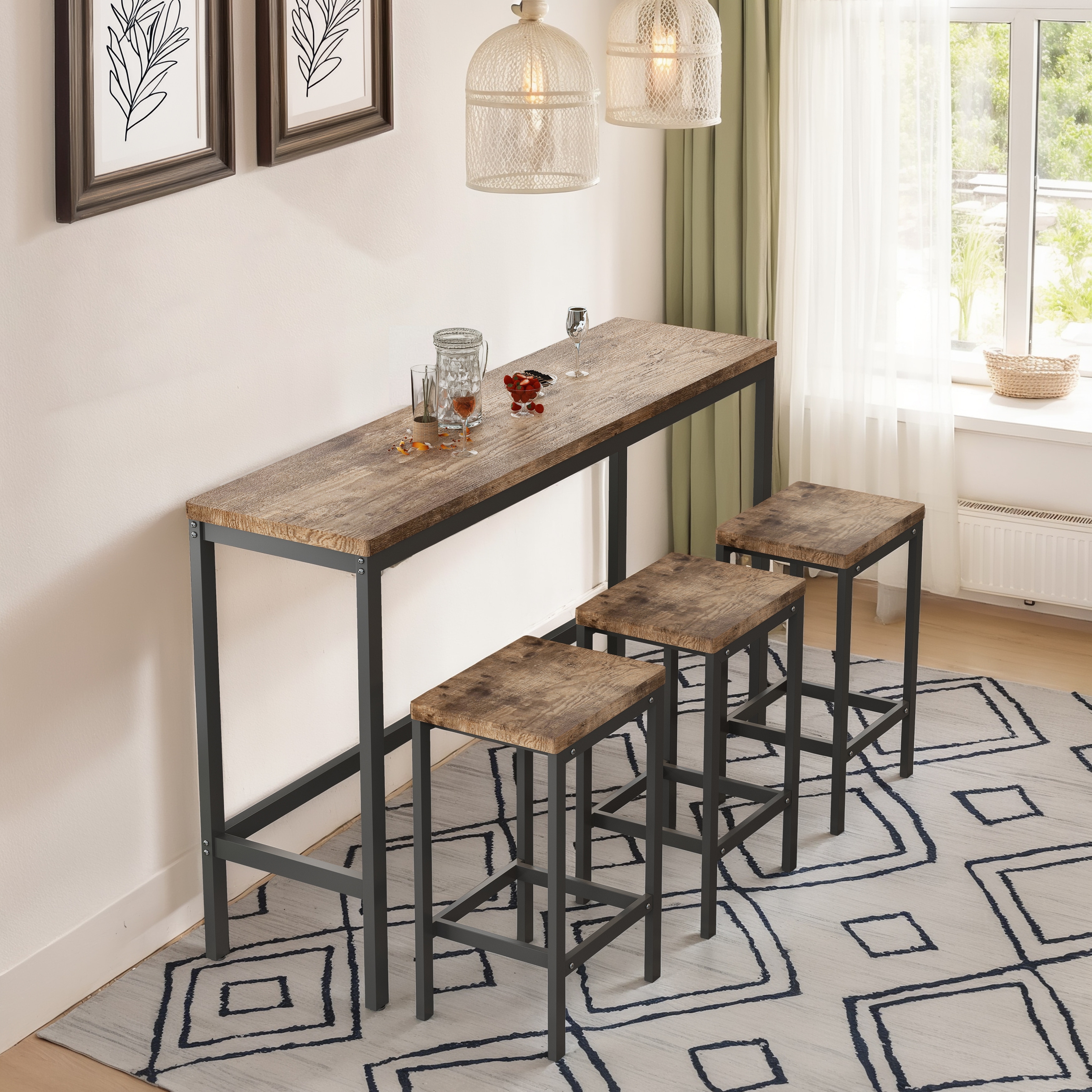 Long Dining Table Set with 3 Stools