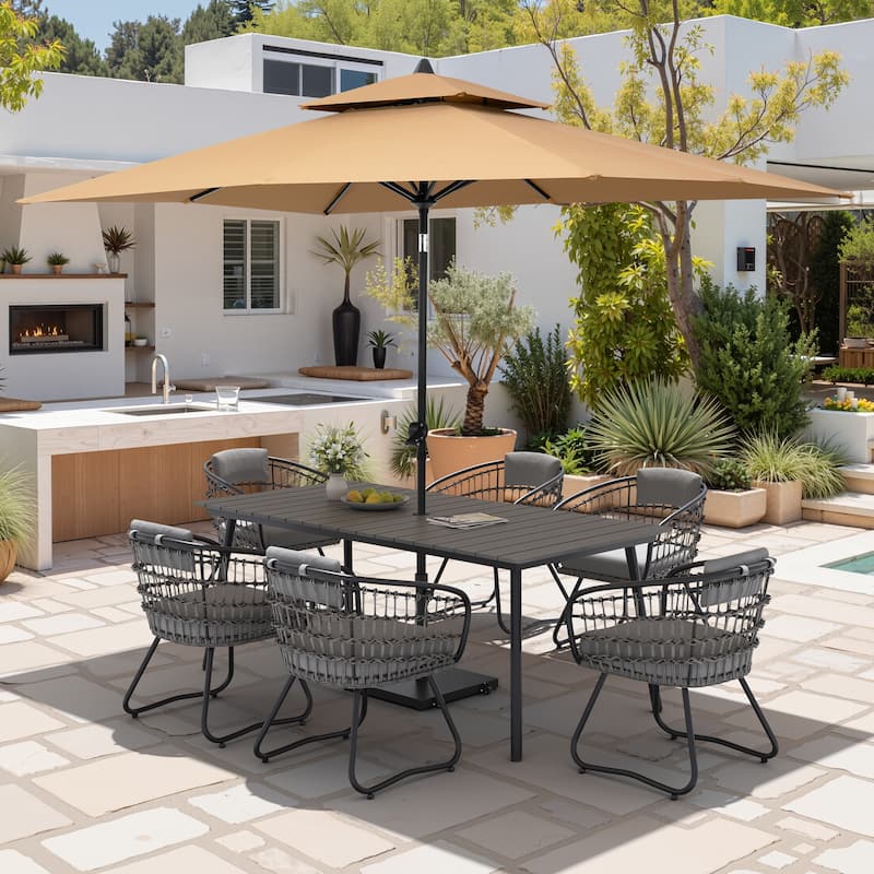 9PC Outdoor Patio Dining Set Aluminum Table with Rattan Chairs w/ Premium Market Umbrella Sets - GreyTable&GreyChairs&TanUmbrella