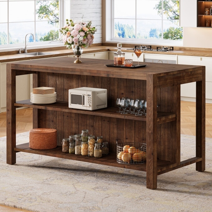 59.05" Solid Wood Farmhouse Kitchen Island with Open Storage Shelves