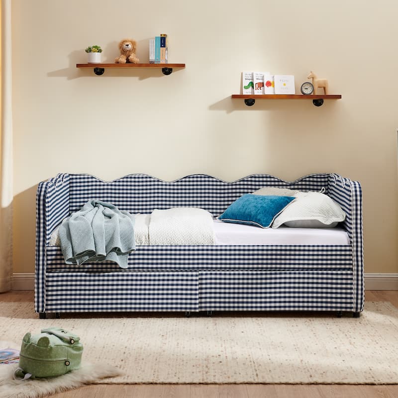 Twin Size Gingham Linen Upholstered Daybed with 2 Storage Drawers, USB Charging Station & Waved Arms