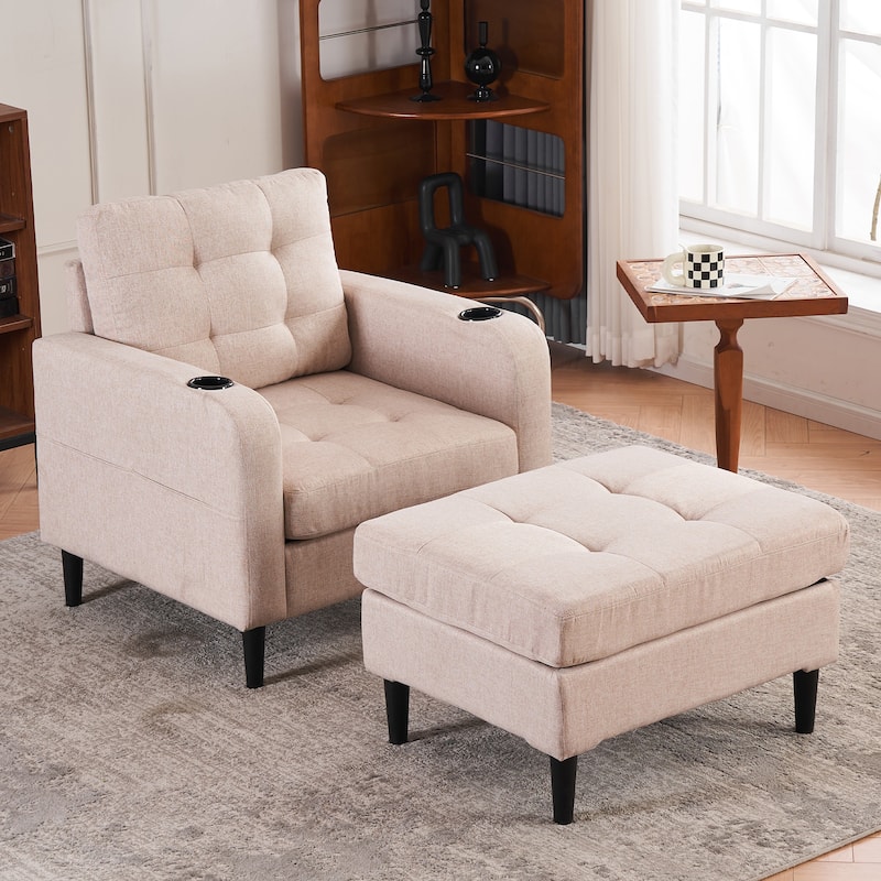 HCHAIRH Upholstered Tufted Accent Chair Single Sofa Storage Ottoman Set with Cup Holders