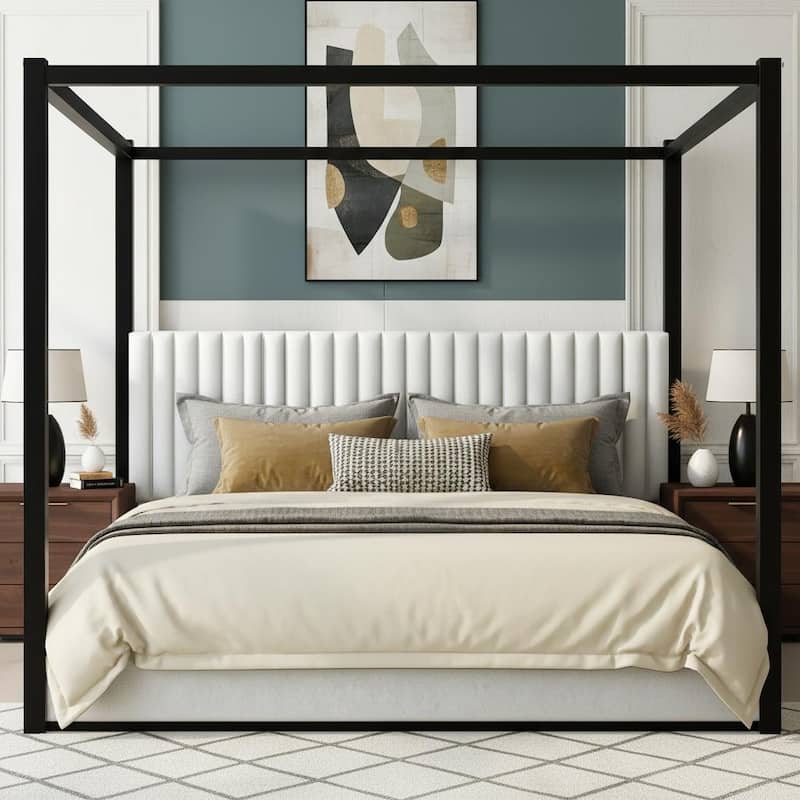 Upholstered Canopy Platform Bed with Velvet Headboard & Metal Frame by Harper&Bright Designs - White+Black - King