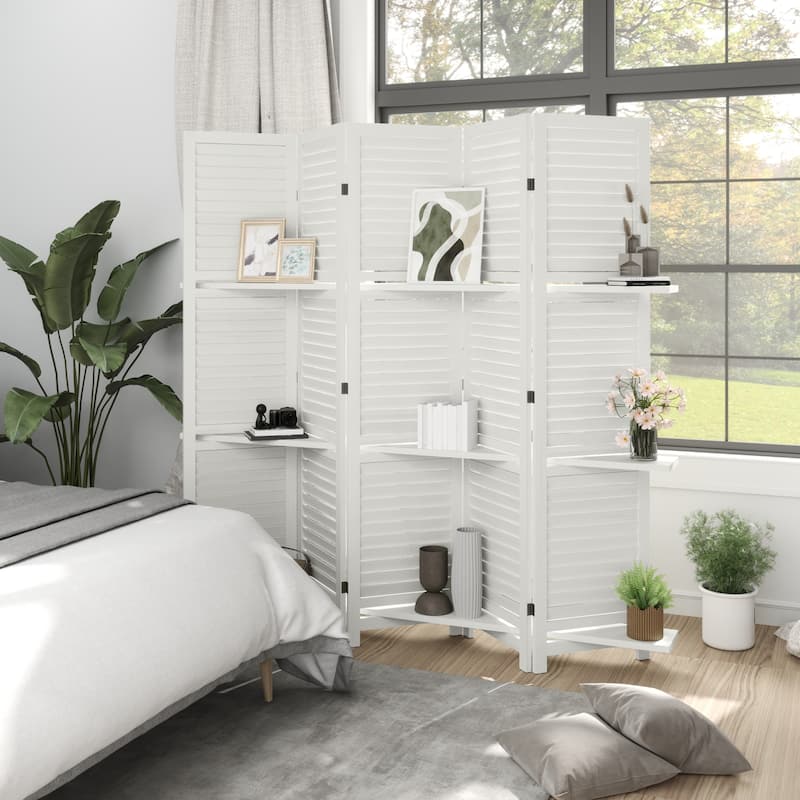 HOMCOM 5 Panel 67" Tall Wood Room Divider, Privacy Screen with 3 Display Shelves, and Folding Storage for Bedroom or Home Office