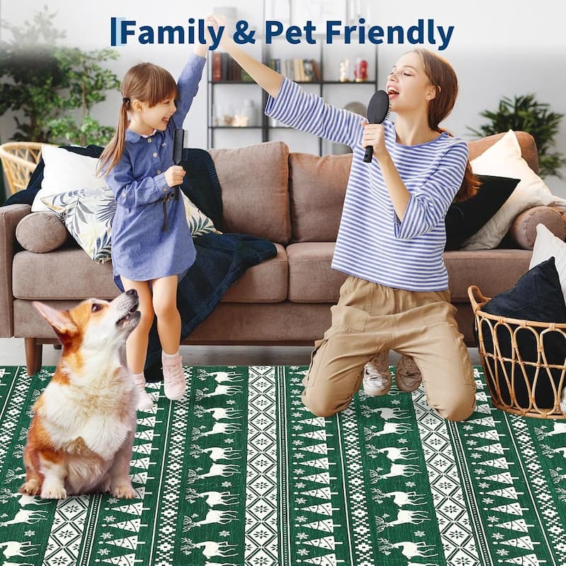 Snowflake Christmas Holiday Decorative Area Rug, for Bedroom Living Room, Green