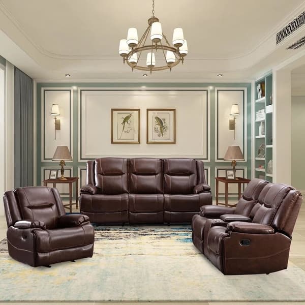 Genuine Leather Midcentury Modern Style Manual Recliners Sofa Set