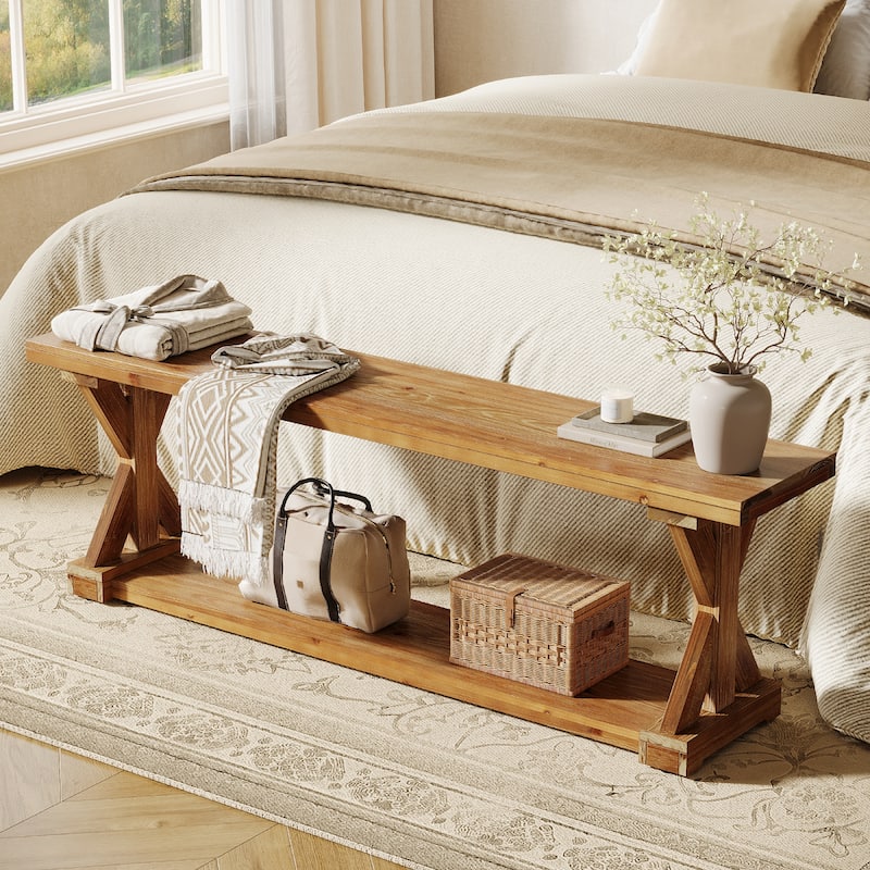 59 Inch Solid Wood Entryway Shoe Bench with Storage Shelves, Farmhouse Style - 59.06" W x 11.81" D x 17.72" H