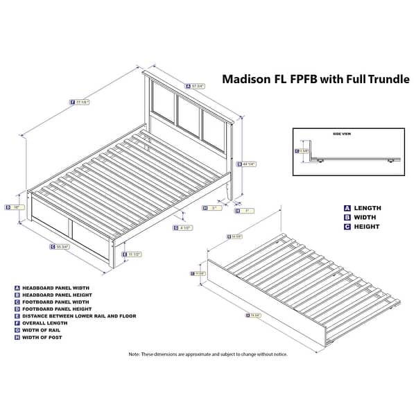 dimension image slide 2 of 5, AFI Madison Full Size Platform Bed with Footboard & Full Trundle