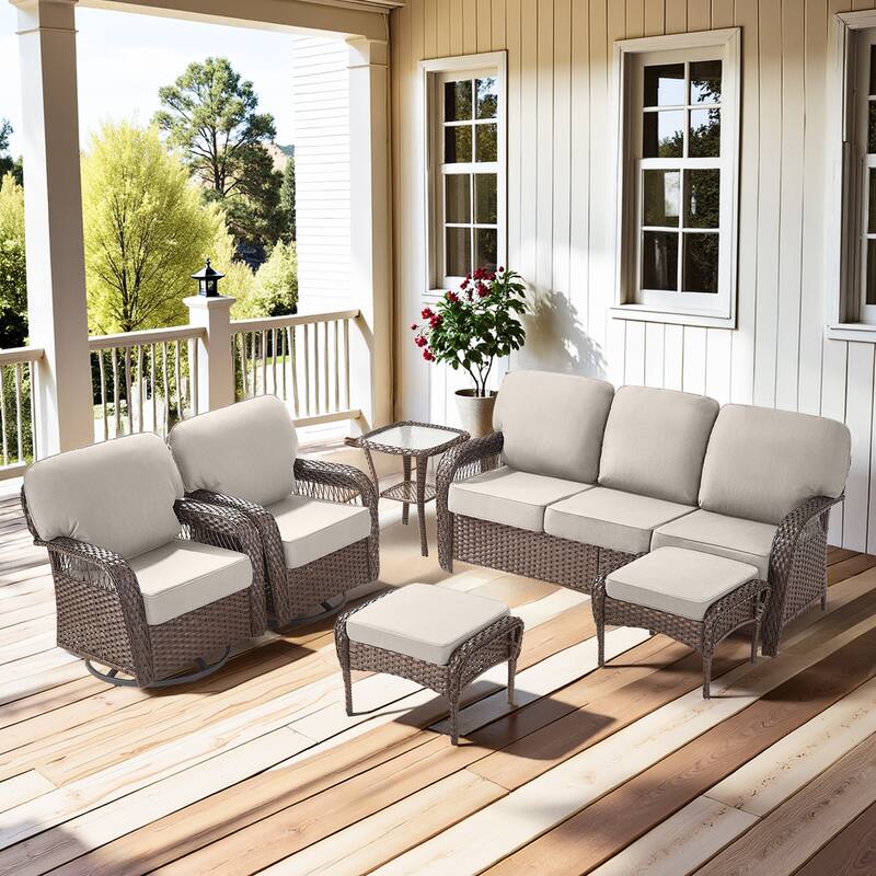 Pocassy Patio Outdoor Sofa Ottoman with Swivel Chair Table Funiture Set. - Brown Wicker Beige Cushion - 5-Piece Sofa Swivel Chair Table with Ottoman