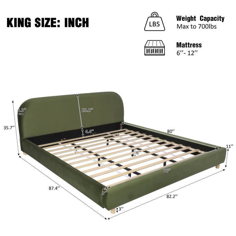 King Velvet Upholstered Platform Bed, Curved Headboard, Sophisticated Olive Green
