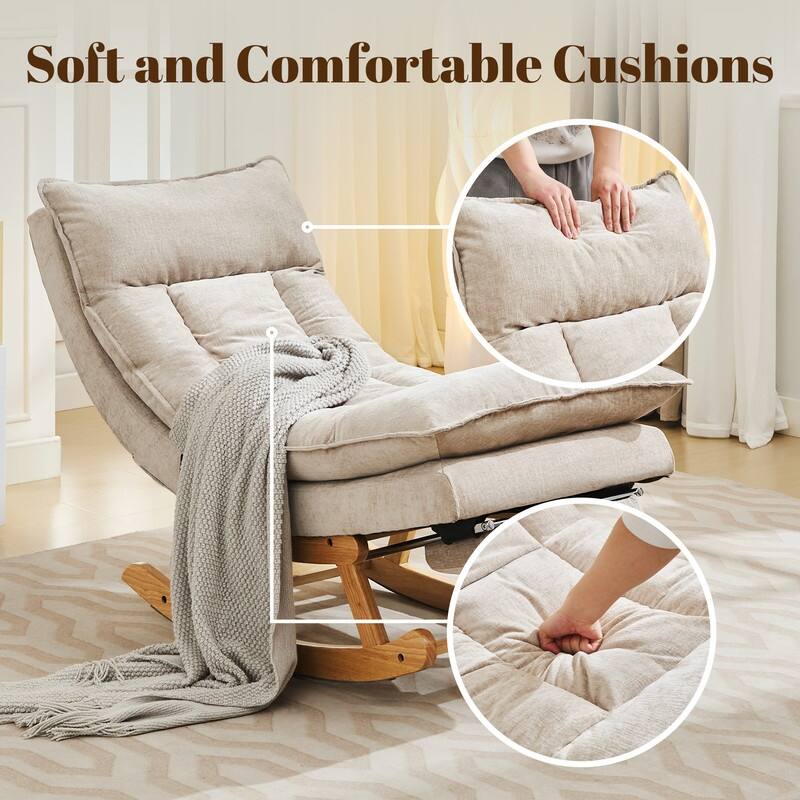 Fabric Upholstered Rocking Chair with Solid Wood Base and Hidden Footrest – Ergonomic Dual-Cushion Design