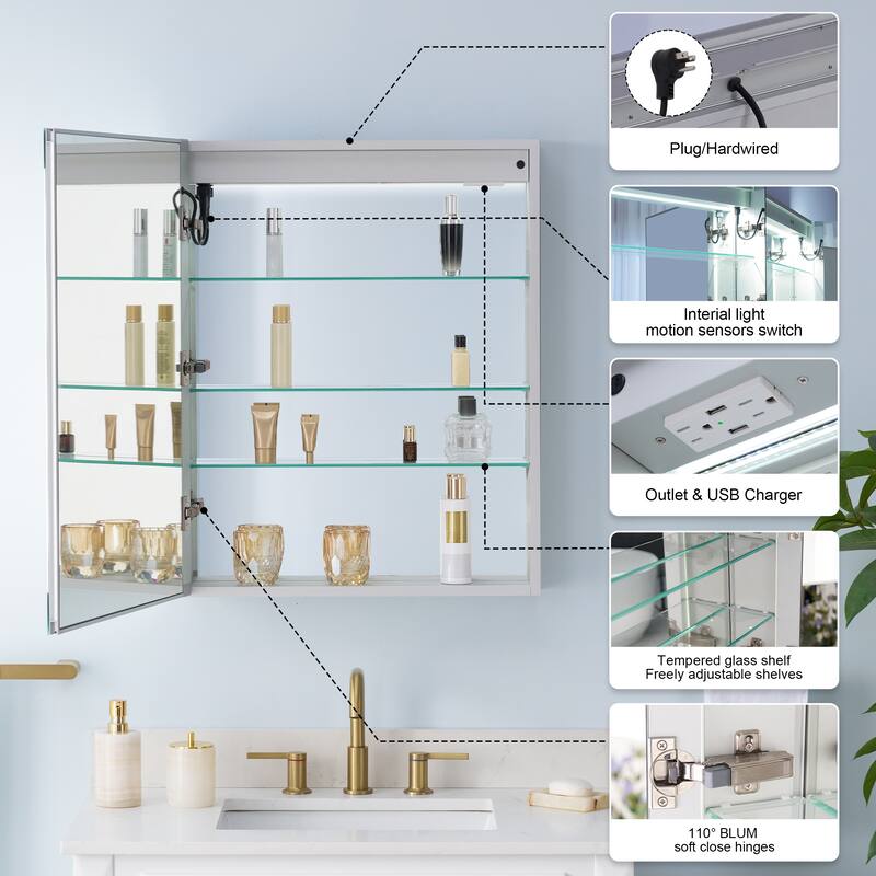30" H Recessed or Surface LED Mirror Cabinet with Adjustable Glass Shelves,Defogger, Dimmer And Outlets & USB Ports
