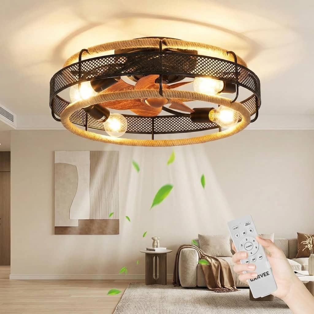 Industrial Style Boho Ceiling Flush Mount Fan Light with Remote Control for Bedroom, Kitchen