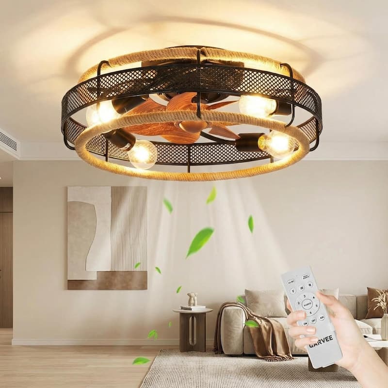 Industrial Style Boho Ceiling Flush Mount Fan Light with Remote Control for Bedroom, Kitchen - Black