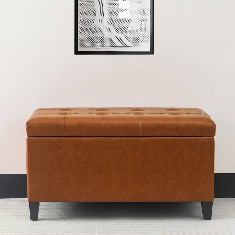 Adeco Rectangular Storage Ottoman Faux Leather Bench Lift-top Footrest - Dark-Orange-Faux-Leather