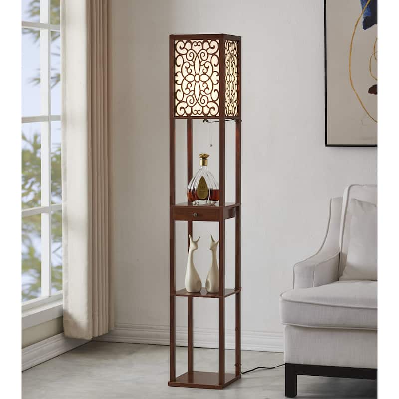 Etagere 63" Shelf Floor lamp with Shade and Drawer - walnut