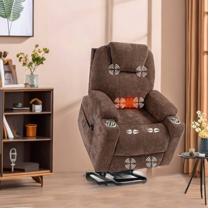 Electric Power Lift Recliner Chair with Massage and Heat for Elderly, Extended Footrest, USB Ports,Brown Fabric - Brown