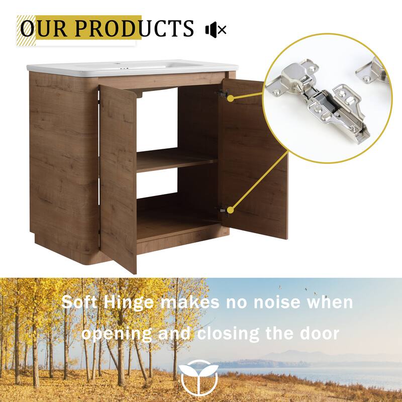 36" Freestanding Bathroom Vanity with Ceramic Sink & 2-Soft-Close Door, KD-Packing, Plywood