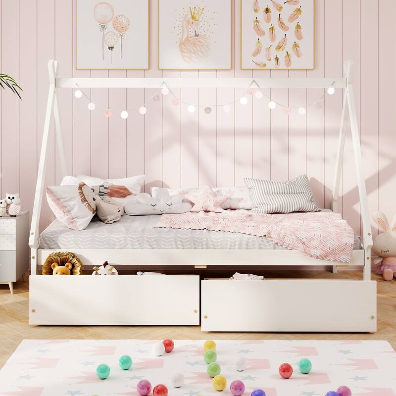 Kids Twin Size Wooden House-Shaped Platform Bed with Storage Drawers for Boys and Girls