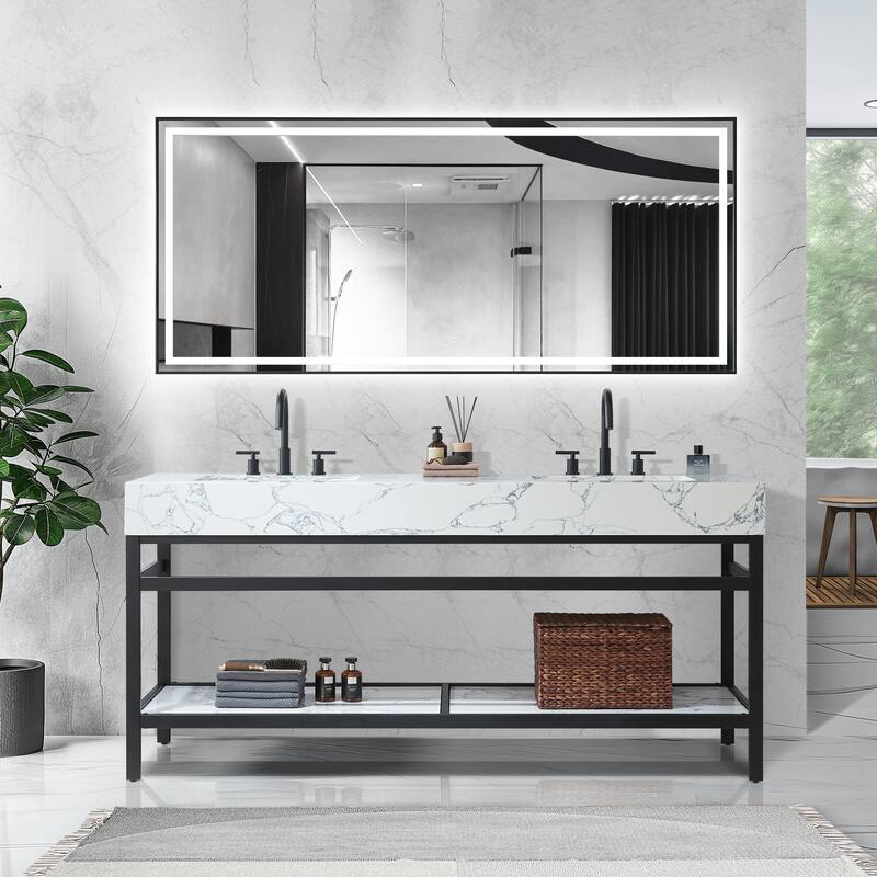 Ecija Bath Vanity, Metal Support with Composite Stone Top and Mirror