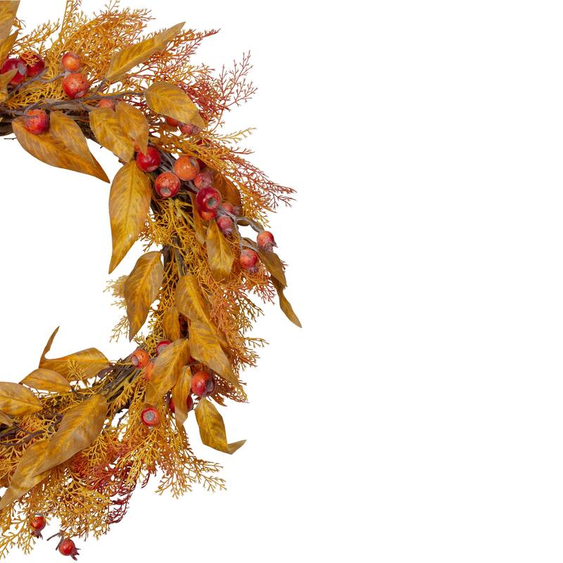 Yellow and Orange Berry and Leaves Fall Harvest Artificial Wreath - 24-Inch Unlit - 24"