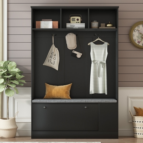 5 in 1 Entryway Bench with Coat Rack Padded Seat Storage Bench Hall Tree with Black Flip Shoe Cabinet Bench for Hallway Bed Bath Beyond 39499267
