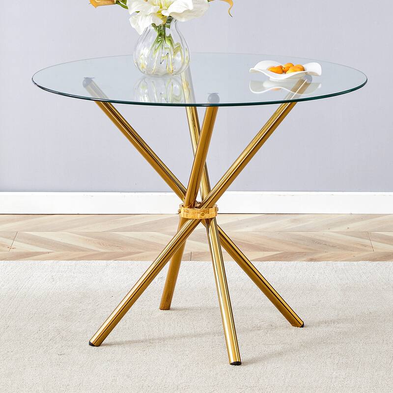 Roomfitters Clear Glass Dining Table for 4-6 with Ring-Shaped Silver Metal Legs for Kitchen or Work Space