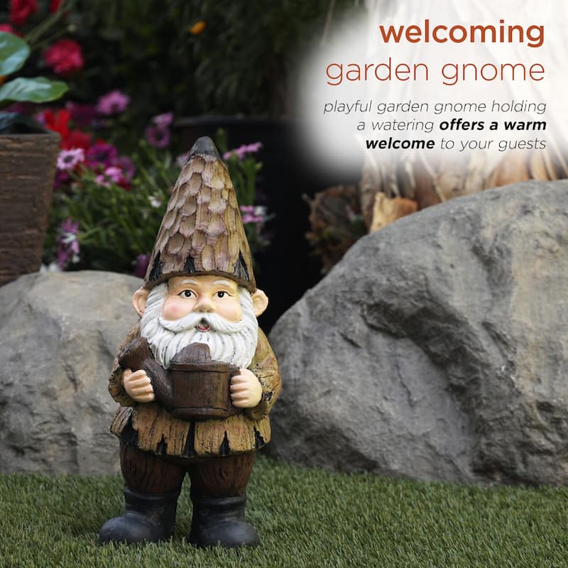 Alpine Corporation 16"H Indoor/Outdoor Garden Gnome with Watering Can Statue, Brown