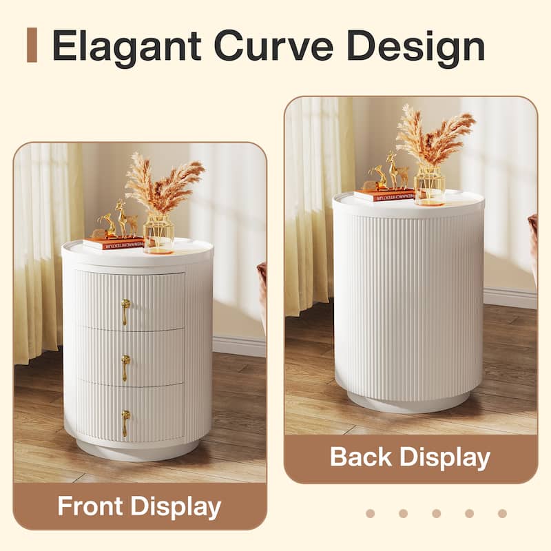 Modern Nightstand with 3 Drawers, No Assembly Round End Table Bedside Table for Bedroom, White
